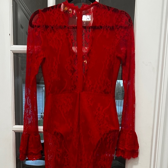 Red Lace Evening Gown W Bodycon Bodysuit Deep V- Front Slit Trumpet Sexy Dress - Picture 14 of 15
